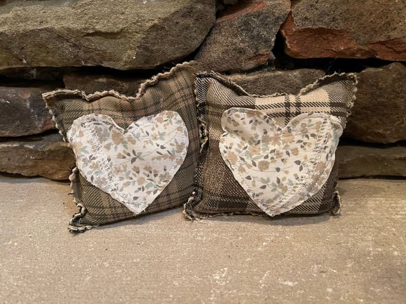 Scented hand warmers made from a father's flannel with heart appliqués from a mother's shirt