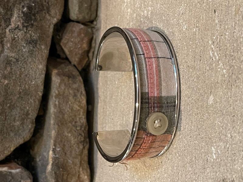 Bangle bracelet wrapped in a mother's plaid pants fabric with a button