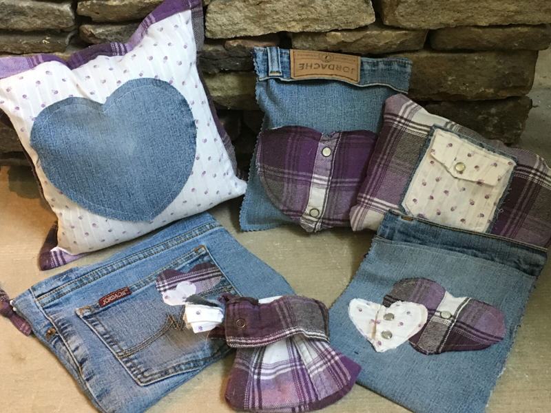 A full keepsake set of pillows, pouches and hearts in purple plaid and denim