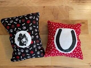 Two small pet keepsake pillows with paw print and horseshoe fabric