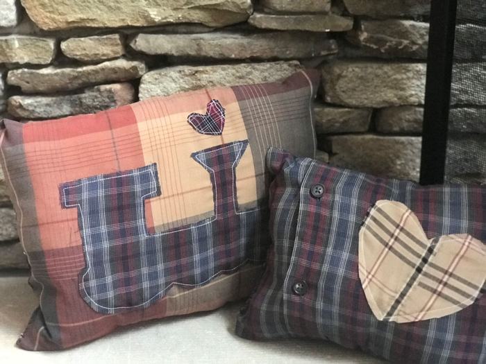 Train and heart memory pillows made from Bob's plaid shirts